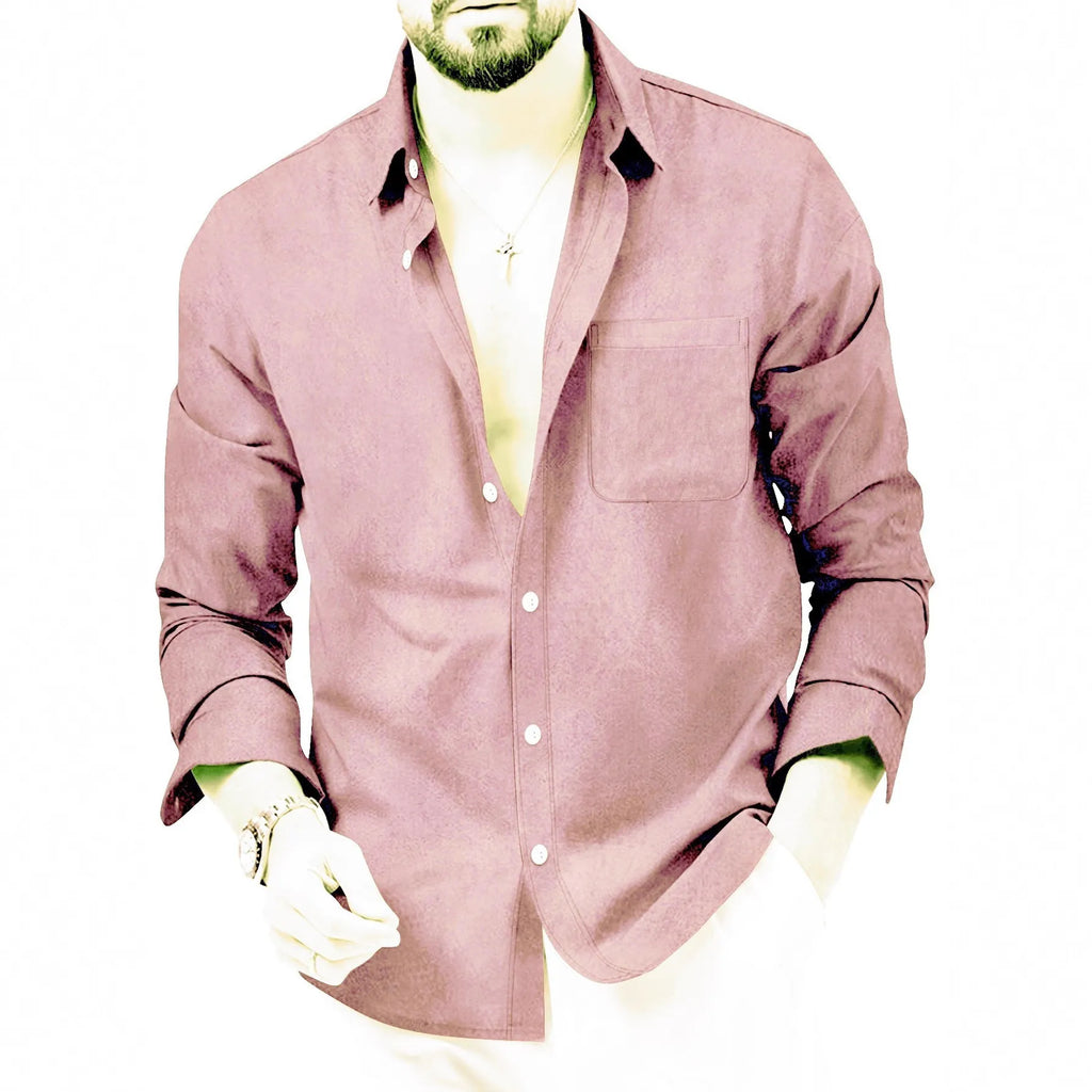 European Size Spring and Autumn Men's Double-Breasted Long-Sleeve Thickened Fleece Shirt, Casual Drapey Lapel Quality Shirt for Cross-Border Men