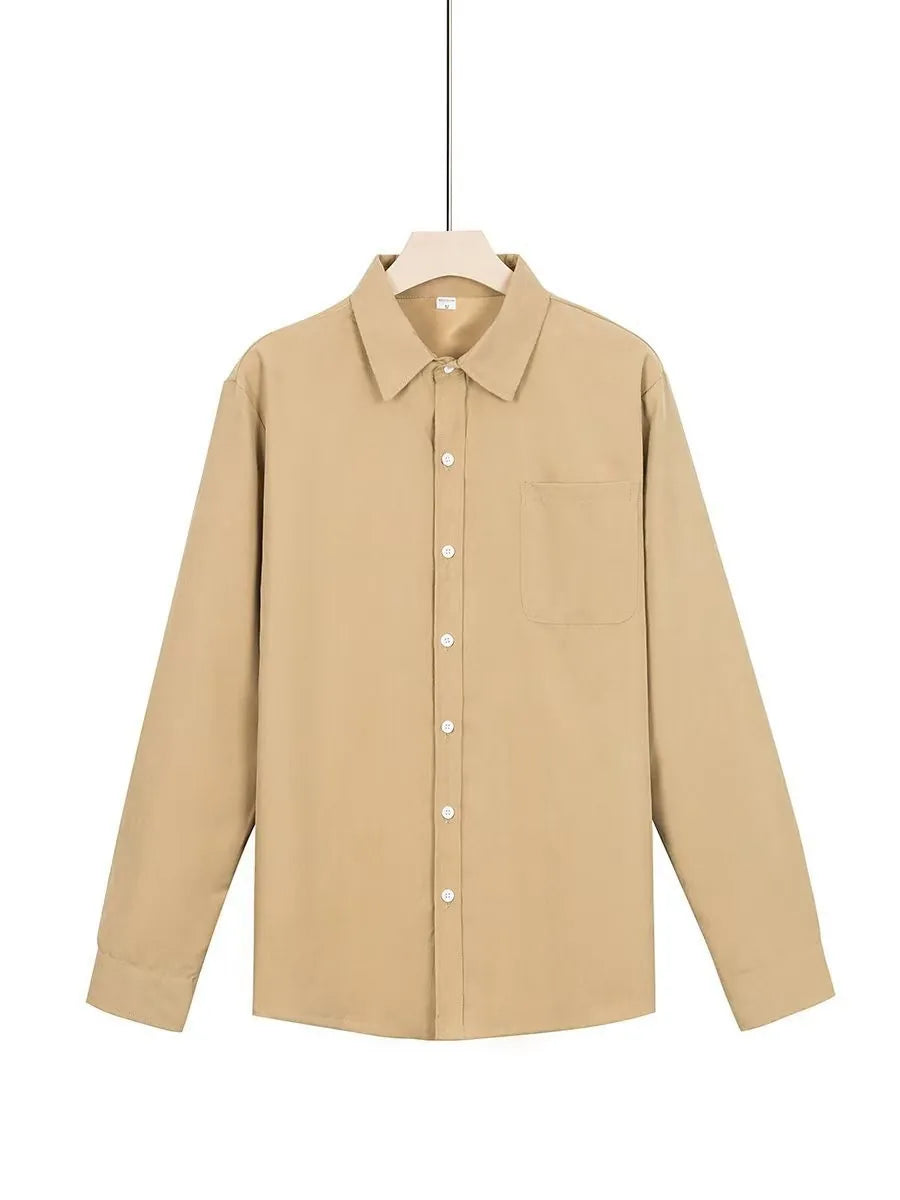 European Size Spring and Autumn Men's Double-Breasted Long-Sleeve Thickened Fleece Shirt, Casual Drapey Lapel Quality Shirt for Cross-Border Men