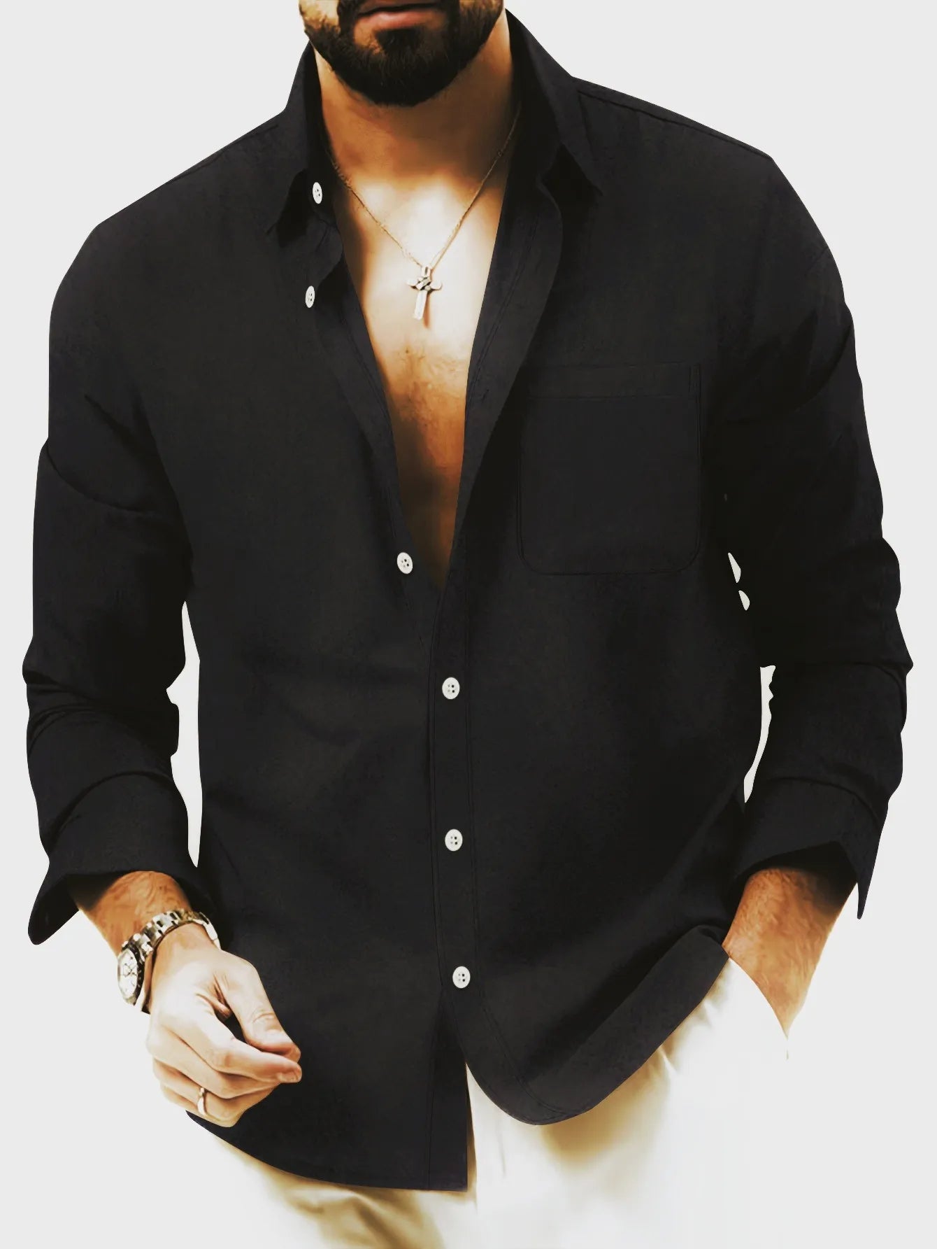 European Size Spring and Autumn Men's Double-Breasted Long-Sleeve Thickened Fleece Shirt, Casual Drapey Lapel Quality Shirt for Cross-Border Men