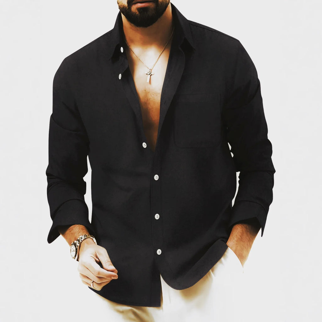 European Size Spring and Autumn Men's Double-Breasted Long-Sleeve Thickened Fleece Shirt, Casual Drapey Lapel Quality Shirt for Cross-Border Men