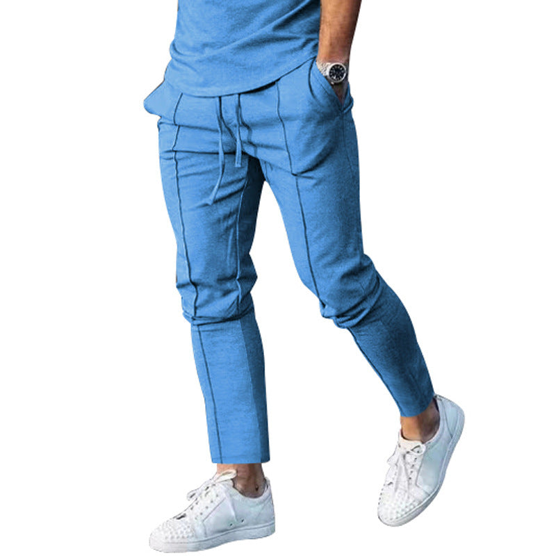 Cross-Border Export European and American  Sports Spring & Fall Casual Pants High Street Pants Pure Color Slim Fit Folded Men's Casual Pants
