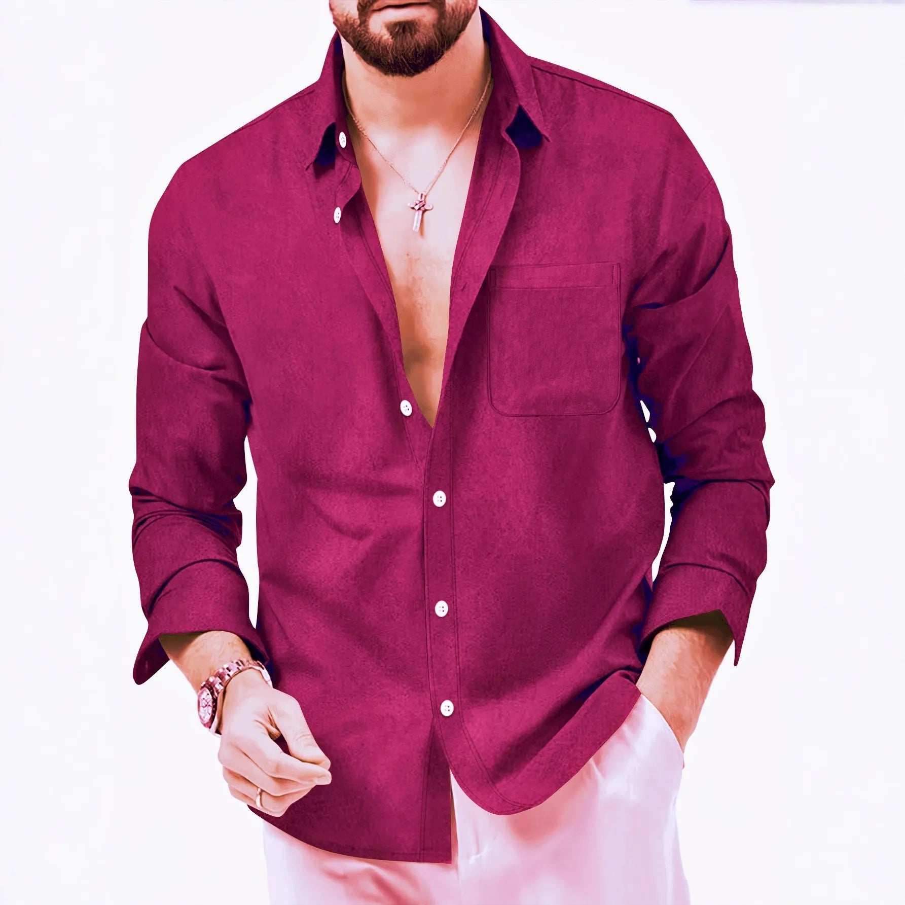 European Size Spring and Autumn Men's Double-Breasted Long-Sleeve Thickened Fleece Shirt, Casual Drapey Lapel Quality Shirt for Cross-Border Men