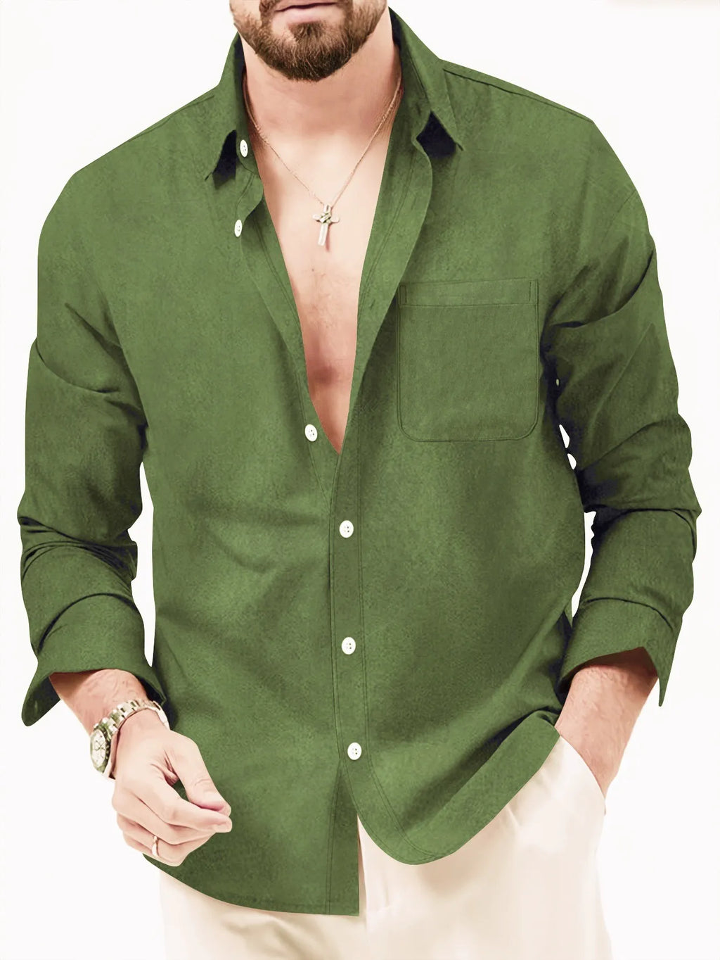 European Size Spring and Autumn Men's Double-Breasted Long-Sleeve Thickened Fleece Shirt, Casual Drapey Lapel Quality Shirt for Cross-Border Men