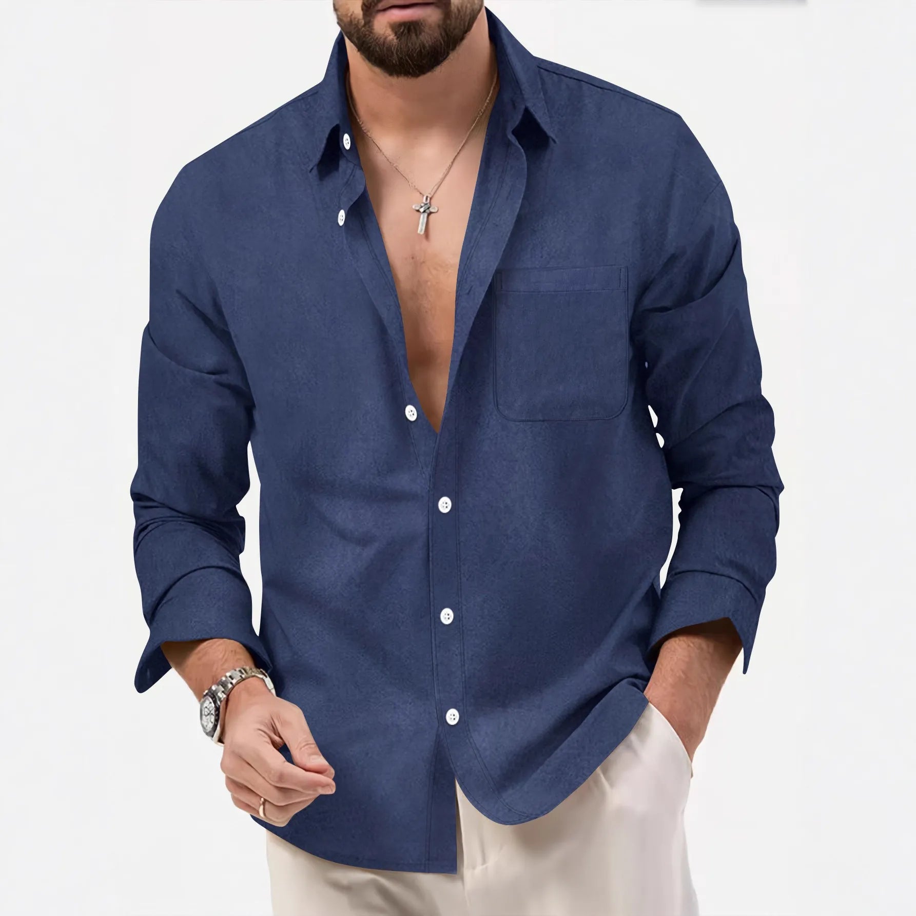 European Size Spring and Autumn Men's Double-Breasted Long-Sleeve Thickened Fleece Shirt, Casual Drapey Lapel Quality Shirt for Cross-Border Men