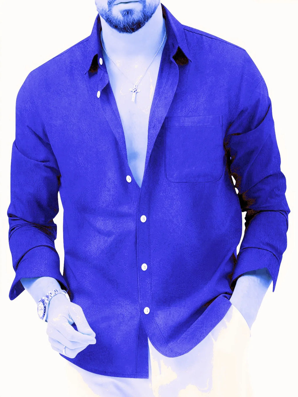 European Size Spring and Autumn Men's Double-Breasted Long-Sleeve Thickened Fleece Shirt, Casual Drapey Lapel Quality Shirt for Cross-Border Men