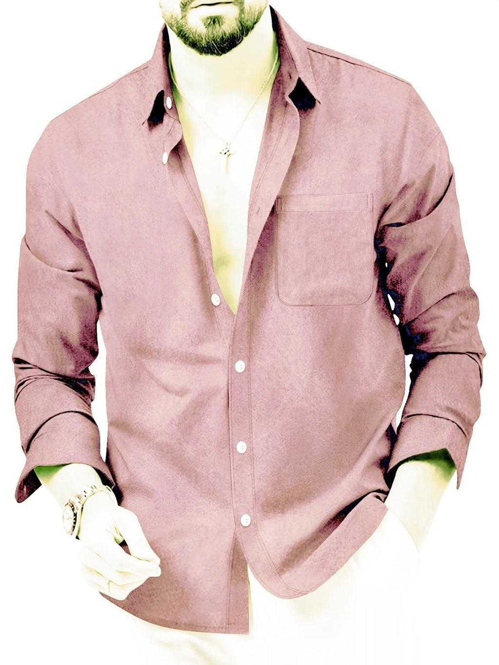 European Size Spring and Autumn Men's Double-Breasted Long-Sleeve Thickened Fleece Shirt, Casual Drapey Lapel Quality Shirt for Cross-Border Men