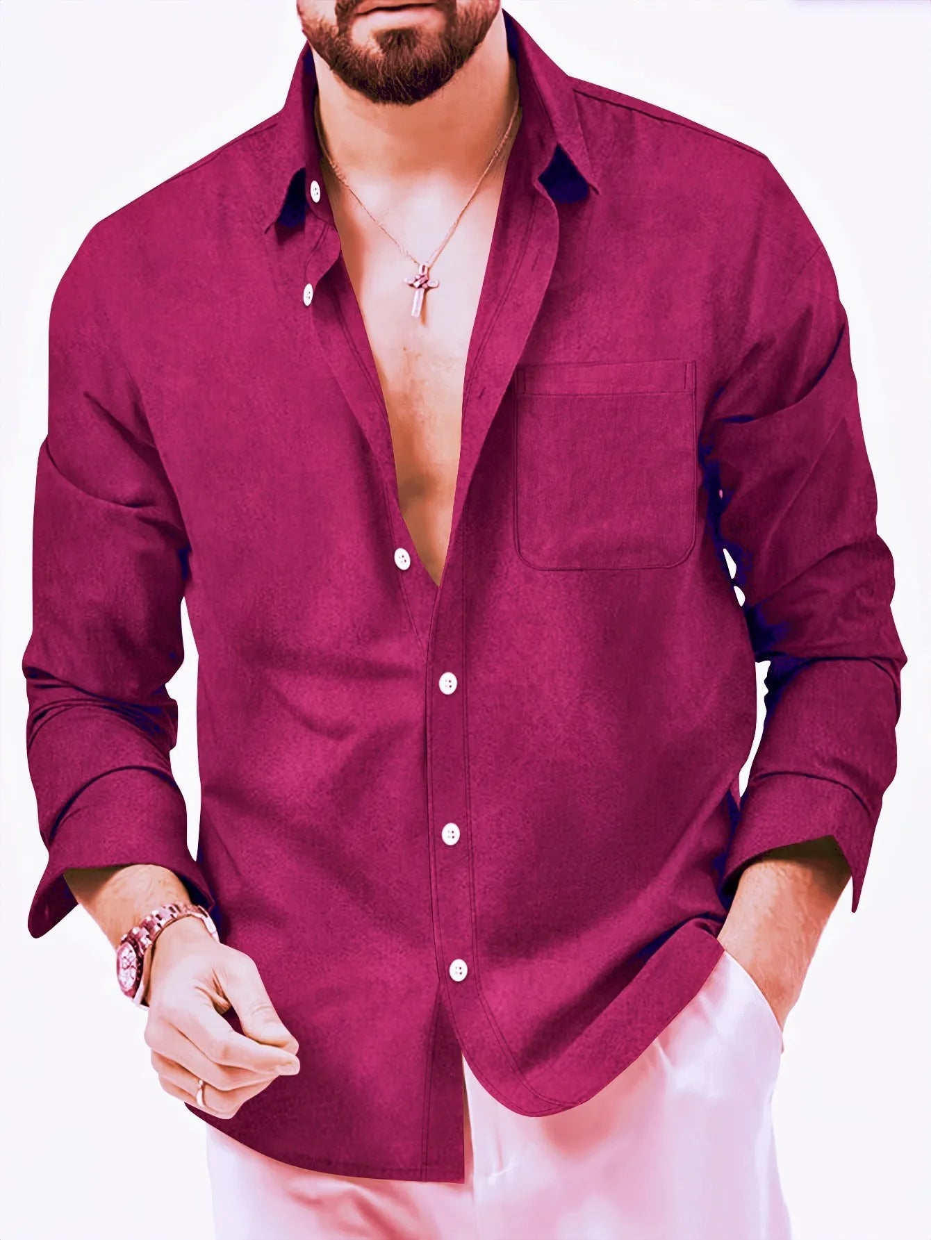 European Size Spring and Autumn Men's Double-Breasted Long-Sleeve Thickened Fleece Shirt, Casual Drapey Lapel Quality Shirt for Cross-Border Men