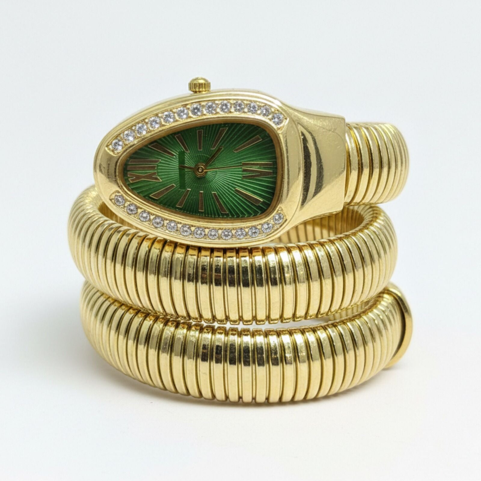 Artisanal Serpenti-Style Tubogas Triple-Coil Wrap Watch with Crystal-Embellished Guilloché Dial (Without Box)