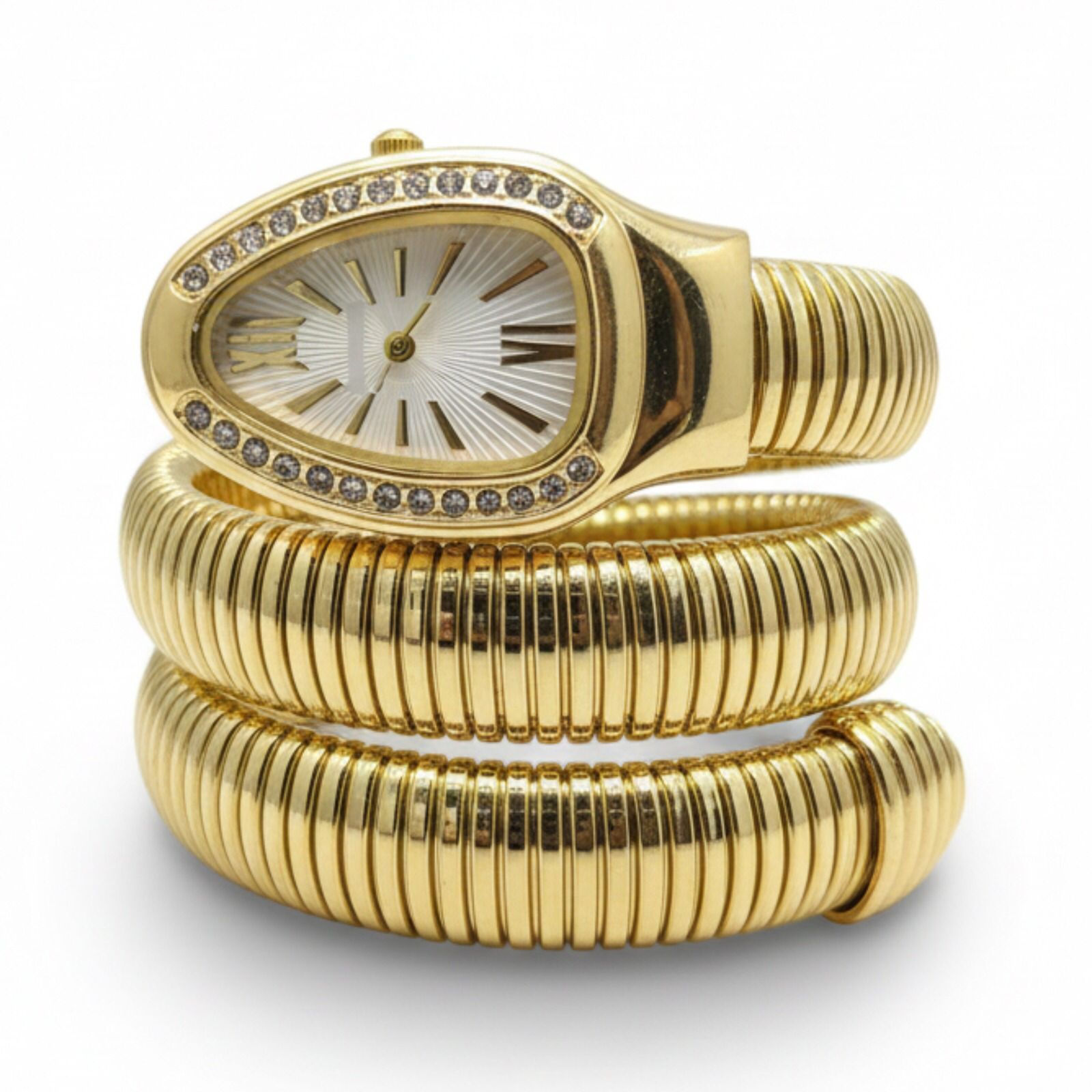 Artisanal Serpenti-Style Tubogas Triple-Coil Wrap Watch with Crystal-Embellished Guilloché Dial (Without Box)