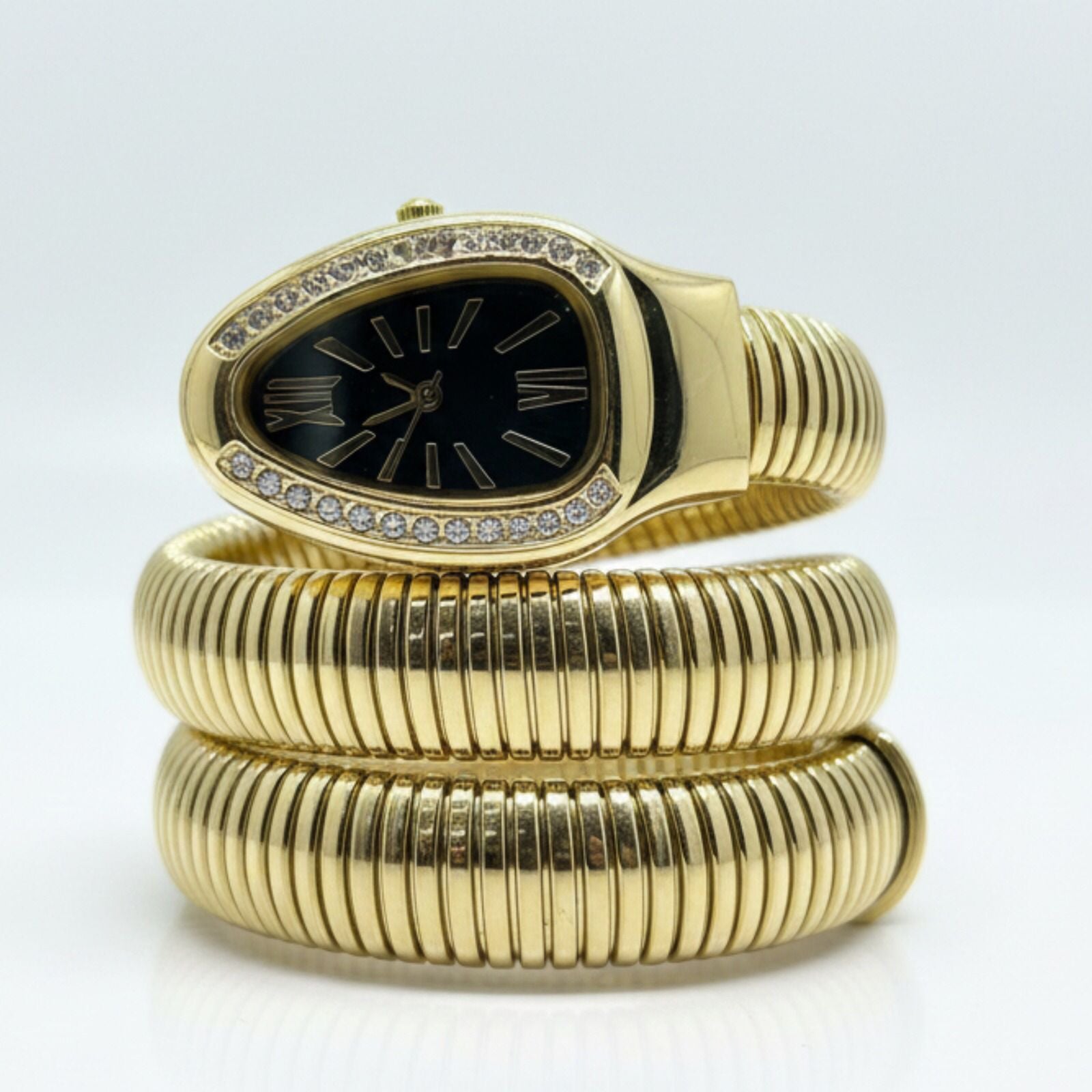 Artisanal Serpenti-Style Tubogas Triple-Coil Wrap Watch with Crystal-Embellished Guilloché Dial (Without Box)
