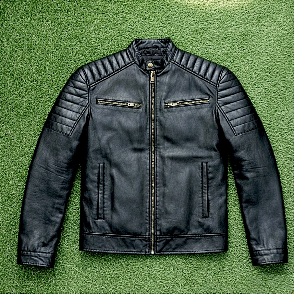 Men’s Premium Black Genuine Leather Biker Jacket – Quilted Shoulder, Zippered Pockets, Modern Fit