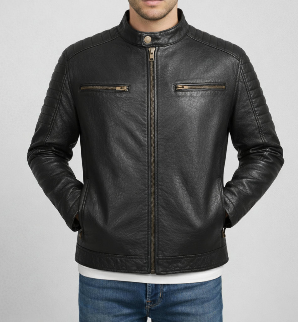 Men’s Premium Black Genuine Leather Biker Jacket – Quilted Shoulder, Zippered Pockets, Modern Fit