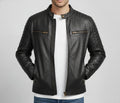 Men’s Premium Black Genuine Leather Biker Jacket – Quilted Shoulder, Zippered Pockets, Modern Fit