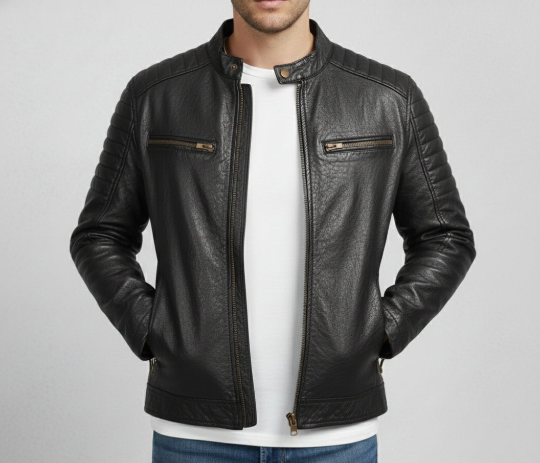 Men’s Premium Black Genuine Leather Biker Jacket – Quilted Shoulder, Zippered Pockets, Modern Fit