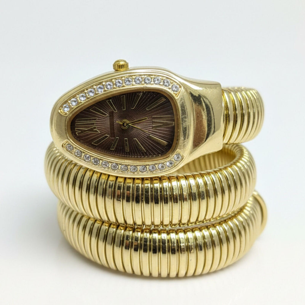 Artisanal Serpenti-Style Tubogas Triple-Coil Wrap Watch with Crystal-Embellished Guilloché Dial (Without Box)